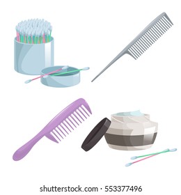 Bath and health care cartoon simple gradient icons set. Metal and plastic hair comb, cotton sticks and hair or face cream.