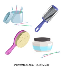 Bath and health care cartoon simple gradient icons set. Plastic pink and blue cylinder for styling hair brushes, cotton sticks and hair or face cream.