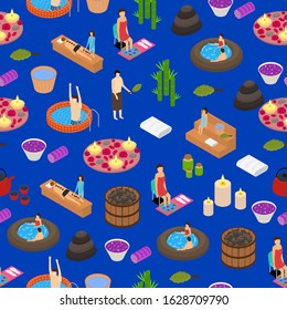 Bath House Concept Seamless Pattern Background 3d Isometric View Include of Towel, Bucket and Stone. Vector illustration of Bathhouse