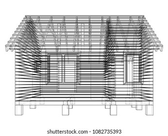 Bath house project. Vector rendering of 3d. Wire-frame style. The layers of visible and invisible lines are separated
