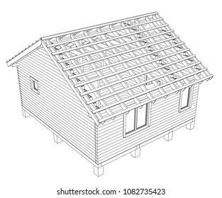 Bath house project. Vector rendering of 3d. Wire-frame style. The layers of visible and invisible lines are separated