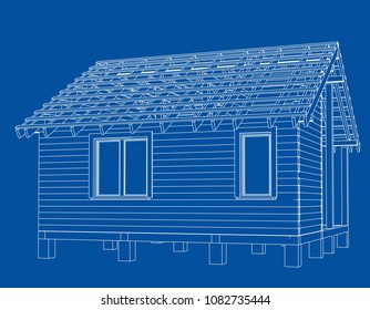 Bath house project. Vector rendering of 3d. Wire-frame style. The layers of visible and invisible lines are separated