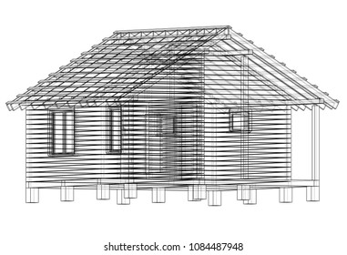 Bath house project. Vector rendering of 3d. Wire-frame style. The layers of visible and invisible lines are separated