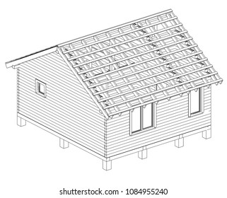 Bath house project. Vector rendering of 3d. Wire-frame style. The layers of visible and invisible lines are separated