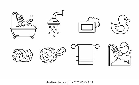 Conjunto de iconos de baño e higiene, que incluye bañera con burbujas, cabezal de ducha con gotas de agua, barra de jabón, pato de goma, esponja de baño, esponja vegetal, toallero y ducha para personas