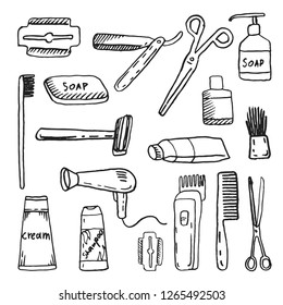 bath hygiene tools sketch collection, set of vector hand drawn illustration isolated on white background