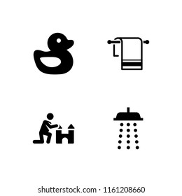 bath icon. 4 bath set with towel, shower, sand castle and duck vector icons for web and mobile app