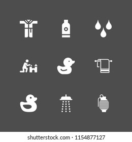 bath icon. 9 bath set with towel, sand castle, shampoo and bathrobe vector icons for web and mobile app