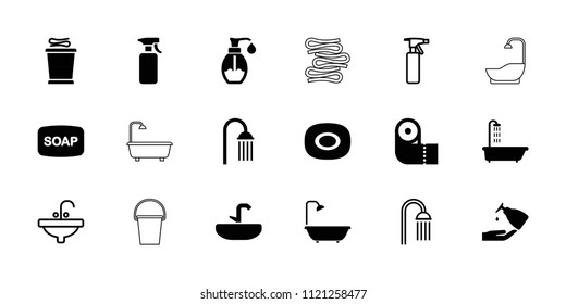 Bath icon. collection of 18 bath filled and outline icons such as shower, soap, paper towel, spray bottle, sink, liquid soap. editable bath icons for web and mobile.