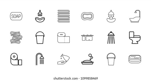 Bath icon. collection of 18 bath outline icons such as shower, soap, paper towel, toilet, bucket, towels, soap, cloth hanging. editable bath icons for web and mobile.