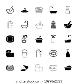Bath icon. collection of 25 bath filled and outline icons such as soap, laundry, bucket, spray bottle, shower, jacuzzi, paper towel. editable bath icons for web and mobile.