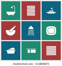 Bath icon. collection of 9 bath filled icons such as towels, laundry, shower, soap, cloth hanging. editable bath icons for web and mobile.