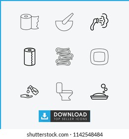 Bath icon. collection of 9 bath outline icons such as soap, shower, paper towel, liquid soap, towels, toilet. editable bath icons for web and mobile.
