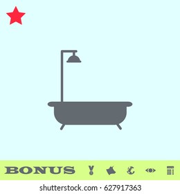 Bath icon flat. Grey pictogram on blue background. Vector illustration symbol and bonus buttons medal, cow, earth, eye, calculator