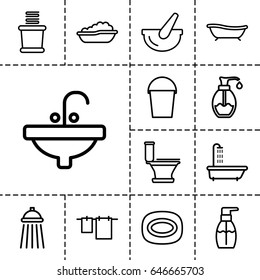 Bath icon. set of 13 outline bathicons such as shower, baby bath, soap, toilet, cloth hanging, bottle soap, towels, sink, bucket