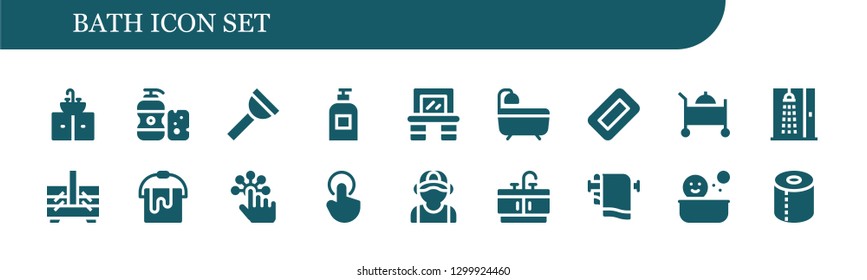  bath icon set. 18 filled bath icons.  Simple modern icons about  - Sink, Shampoo, Plunger, Soap, Vanity, Bath, Room service, Shower, Sewing box, Bucket, Tap, Plumber, Bathroom