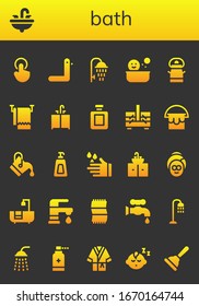 bath icon set. 26 filled bath icons. Included Tap, Sink, Duck, Shower, Bucket, Towel, Fragance, Sewing box, Soap, Wash, Spa, Bathtub, Faucet, Antiseptic, Bathrobe, Baby boy icons