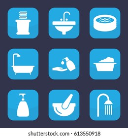 Bath icon. set of 9 filled bath icons such as soap, shower, laundry, liquid soap, towels, sink, bucket