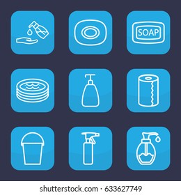 Bath icon. set of 9 outline bath icons such as soap, spray bottle, soap, paper towel, liquid soap, bucket