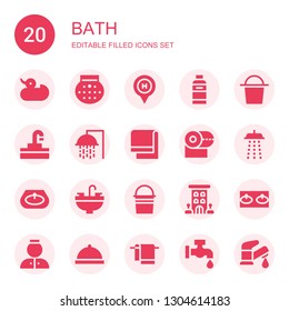 bath icon set. Collection of 20 filled bath icons included Duck, Shower, Hotel, Shampoo, Bucket, Sink, Towel, Toilet paper, Bellhop, Room service, Faucet