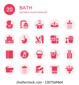 bath icon set. Collection of 20 filled bath icons included Ducky, Shower, Towel, Sink, Hotel, Duck, Grooming, Bucket, Toilet paper, No liquids, Bidet, Faucet