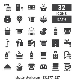 bath icon set. Collection of 32 filled bath icons included Hotel, Washing, Sink, Bucket, Towel, Room service, Shower, Shampoo, Antiseptic, Water tap, Faucet, Key room, Wipes, Duck