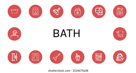 bath icon set. Collection of Wash basin, Aroma, Plunger, Antiseptic, Toilet paper, Shampoo, Water tap, Bathroom scale, Foam hand, Painter, Plumber, Towel icons