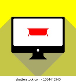 Bath Icon. Vector. Red icon on white monitor of black all-in-one desktop computer with two shadows at yellow background.