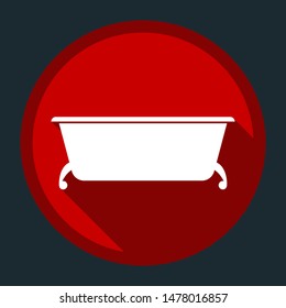 Bath Icon. White icon with shadow on round red button at dark cyan background. Illustration.