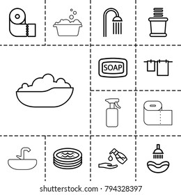 Bath icons. set of 13 editable outline bath icons such as shower, soap, cloth hanging, paper towel, liquid soap, towels, jacuzzi, baby bath, spray bottle, laundry