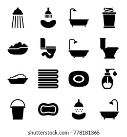 Bath icons. set of 16 editable filled bath icons such as towels, baby bath, soap, shower, toilet