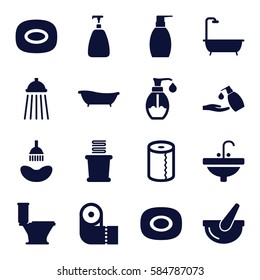 bath icons set. Set of 16 bath filled icons such as soap, shower, toilet, bottle soap, paper towel, liquid soap, towels, sink, bucket