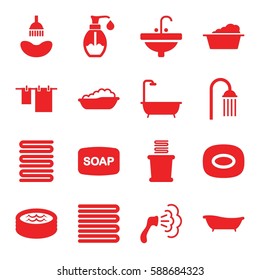 bath icons set. Set of 16 bath filled icons such as towels, shower, Soap, soap, cloth hanging, laundry, sink