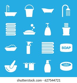 Bath icons set. set of 16 bath filled icons such as shower, towels, spray bottle, soap, Soap, cloth hanging, bottle soap, bucket