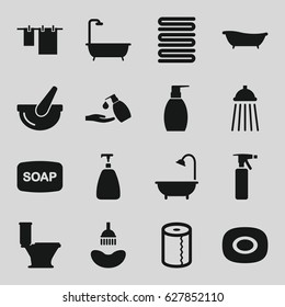 Bath icons set. set of 16 bath filled icons such as soap, shower, spray bottle, Soap, towels, toilet, cloth hanging, paper towel, bucket