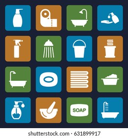 Bath icons set. set of 16 bath filled icons such as shower, towels, spray bottle, soap, soap, laundry, paper towel