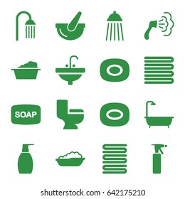 Bath icons set. set of 16 bath filled icons such as towels, baby bath, soap, spray bottle, soap, shower, laundry, bottle soap, toilet, sink