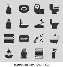 Bath icons set. set of 16 bath filled icons such as shower, towels, spray bottle, soap, soap, toilet, bottle soap