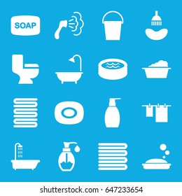 Bath icons set. set of 16 bath filled icons such as shower, towels, soap, soap, cloth hanging, laundry, bottle soap, toilet, bucket