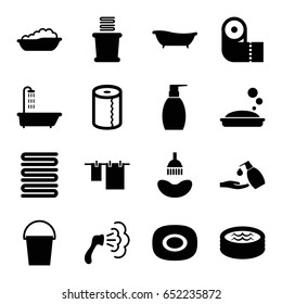 Bath icons set. set of 16 bath filled icons such as shower, soap, towels, cloth hanging, bottle soap, paper towel, liquid soap, bucket