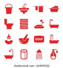 Bath icons set. set of 16 bath filled icons such as shower, soap, soap, towels, toilet, cloth hanging, laundry, paper towel, sink