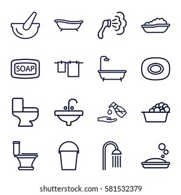 bath icons set. Set of 16 bath outline icons such as soap, Soap, shower, toilet, cloth hanging, laundry, liquid soap, sink