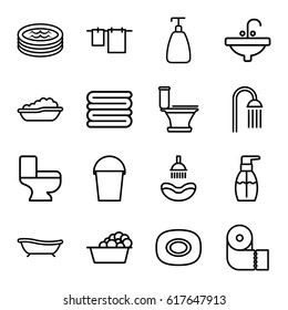 Bath icons set. set of 16 bath outline icons such as soap, shower, towels, toilet, cloth hanging, laundry, bottle soap, paper towel, sink, bucket
