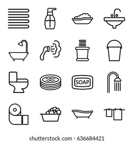 Bath icons set. set of 16 bath outline icons such as towels, soap, shower, cloth hanging, laundry, bottle soap, paper towel, toilet, sink, bucket