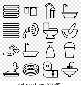 Bath icons set. set of 16 bath outline icons such as shower, towels, soap, cloth hanging, paper towel, liquid soap, toilet, sink, bucket