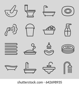 Bath icons set. set of 16 bath outline icons such as shower, towels, soap, toilet, laundry, bottle soap, sink, bucket, jacuzzi