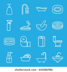 Bath icons set. set of 16 bath outline icons such as spray bottle, soap, soap, toilet, laundry, bottle soap, paper towel, shower, sink, bucket, jacuzzi