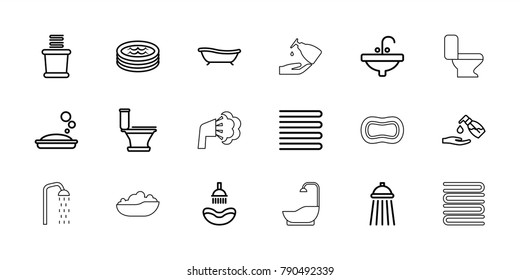 Bath icons. set of 18 editable outline bath icons: towels, shower, soap, toilet, liquid soap, sink