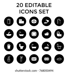Bath icons. set of 20 editable filled and outline bath icons such as soap, soap, shower, toilet, laundry, paper towel, baby bath, spray bottle, towels