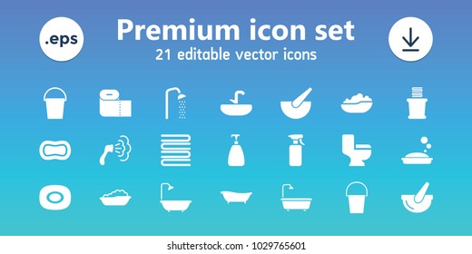 Bath icons. set of 21 editable filled bath icons includes soap, shower, towels, toilet, bucket, spray bottle, paper towel